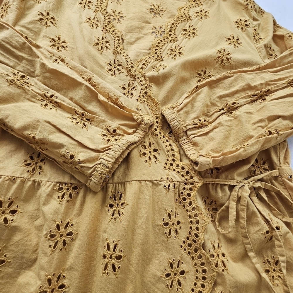 Madewell Scalloped Eyelet Wrap Blouse Mustard Yellow Boho Top - Picture 11 of 15
